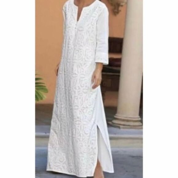 Soft Surroundings White Maxi Dress Quilted Kaftan Cover-Up Cotton Women's 2X - Picture 1 of 8
